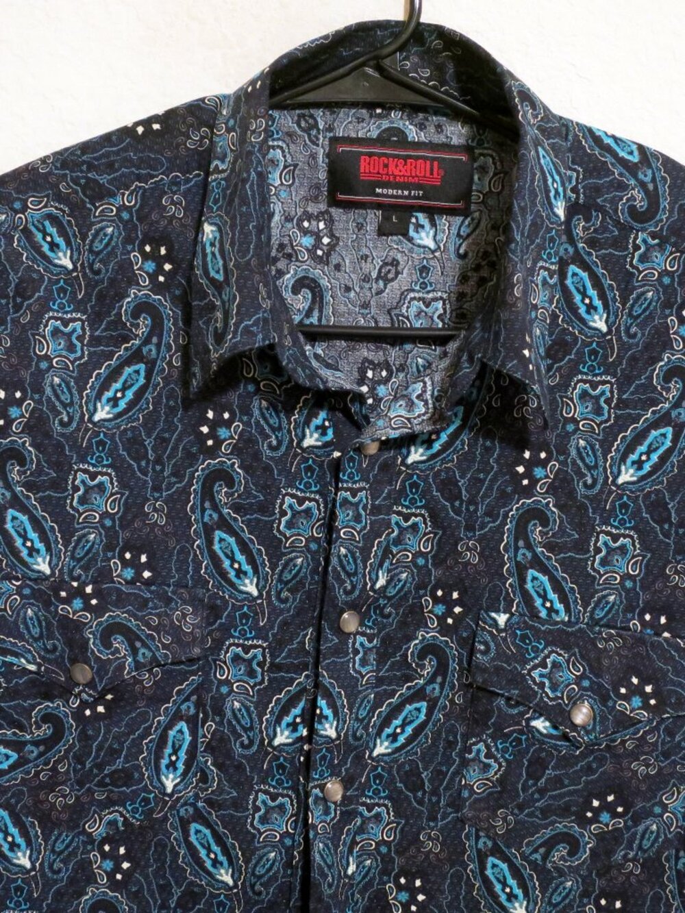 Rock & Roll Denim Shirt Mens Large Long Sleeve Snap Black Green Paisley Western